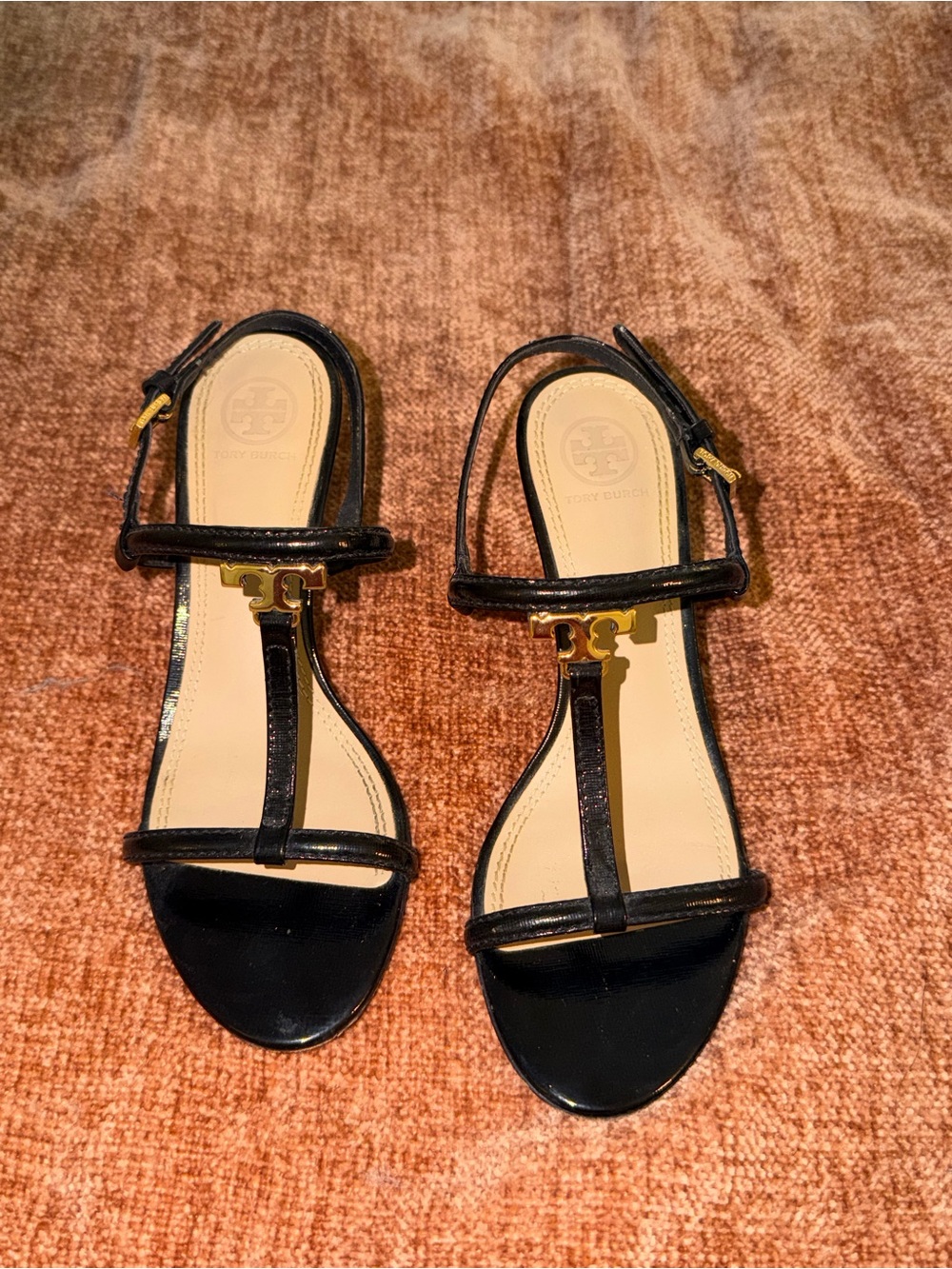 Tory Burch Black Patent Leather T-Strap Sandals with Gold Logo
